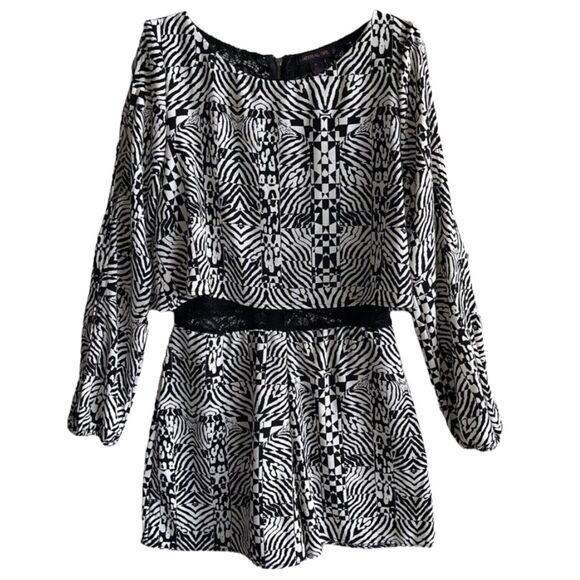 Material Girl Layover Romper M Laced Torso Open Long Sleeves White Black - Picture 1 of 9